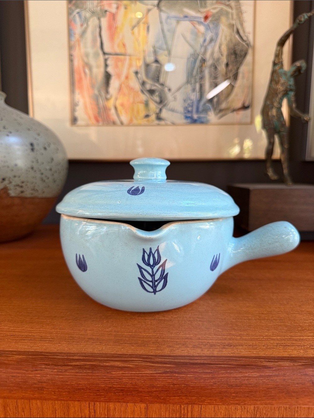 Cronin Pottery  Blue with Tulip Pattern 1950's Casserole Dish with Handle USA